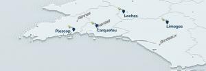 Visuel d'une carte en 3D du Grand Ouest de la France et des localisations des résidences vivéa